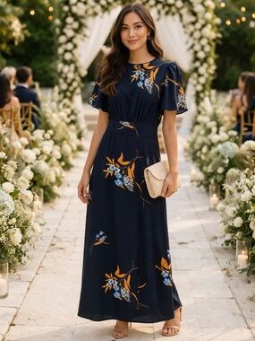 Baltic Born maxi dress size XS navy floral flutter sleeves slit wedding guest
